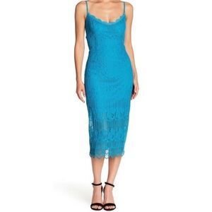 NSR Aqua Turquoise Floral Lace Crochet Midi Dress Small S $218